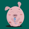 cute little pink pig sitting and holding blue berries on a yellow background