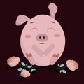 cute little pink pig is sitting and there are roses next to them on a dark background