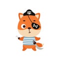 Cute little pirate fox with hook and blindfold. Cartoon animal character for kids t-shirts, nursery decoration, baby shower,