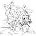 Cute little pirate and treasure chest on deserted beach with palm trees. Black and white illustration for coloring book Royalty Free Stock Photo