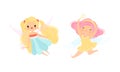 Cute Little Pixie Girl with Ethereal Wings Flying with Magic Wand Vector Set