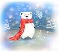 Cute little polar baby bear with snowflakes. Christmas and New-Year conceptred scarf and Royalty Free Stock Photo