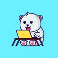 Cute little polar bear working in front of a laptop cartoon illustration Royalty Free Stock Photo