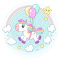 Cute little pony, unicorn flies on balloons. Vector Royalty Free Stock Photo