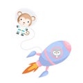 Cute little possum flying in blue rocket. Cartoon monkey character in space costume with rocket on white background. Design for Royalty Free Stock Photo