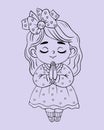 Cute little praying child girl in dress with long hair. Vector illustration. Linear hand drawing, coloring book