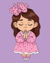 Cute little praying child girl in pink dress with long hair. Vector illustration. Religious believer child character