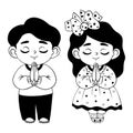 Cute little praying children girl and boy in full growth. Vector illustration. Isolated hand drawings. Religious Royalty Free Stock Photo