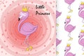 Cute little princess abstract background with pink flamingo and seamless pattern Royalty Free Stock Photo
