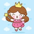 Cute little princess cartoon fairy jump in sky kawaii angel holding magic wand Royalty Free Stock Photo