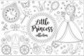 Cute little princess Cinderella set Coloring book page for kids. Collection of design element sketch outline style. Kids