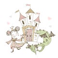 Cute little Princess and fairy-tale dragon. Vector Royalty Free Stock Photo