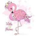 Cute Little Princess Flamingo with flowers. Vector Illustration EPS10.