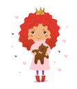 A cute little princess is holding a beloved teddy bear in her arms. Funny redhead baby. Cartoon vector illustration. Royalty Free Stock Photo