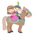 Cute Little Princess and Knight Riding a Horse Flat Vector Illustration Isolated on White Royalty Free Stock Photo