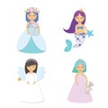 Cute little princess, mermaid, angel cartoon characters set isolated on white. Royalty Free Stock Photo