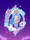 Cute little princess mermaid on a beautiful iridescent background.