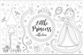 Cute little princess Rapunzel set Coloring book page for kids. Collection of design element sketch outline, doodle style