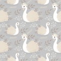 Cute Little Princess Swan family mother and daughter SEAMLESS PATTERN Royalty Free Stock Photo