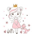 A cute little princess is walking with a home dinosaur. Hand drawn simple doodle illustration. Character for baby shower, birthday Royalty Free Stock Photo