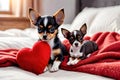 Cute little puppies in a fluffy light blanket and a small red plush heart. Image for a veterinary clinic or pet store