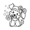 Cute little puppy with a flower. Black and white linear drawing. Vector