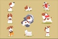 Cute little puppy in his evereday activity set, dogs daily routine funny colorful character