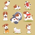 Cute little puppy in his evereday activity set, dogs daily routine funny colorful character