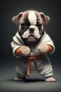 Cute little puppy in a martial suit ready to fight