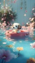 Cute little puppy in the swimming pool with flowers, summer concept