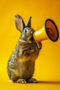 Cute little rabbit with big yellow megaphone holding up by its ears looking like it's shouting at the top of its