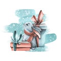 Cute little rabbit with Christmas gifts on the background of blue paint strokes with snow flakes. Watercolor