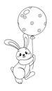 Cute little rabbit flying with balloon. Black and white vector illustration for coloring book