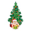 Cute little rabbit in a hat under an ornamented Christmas tree with gifts