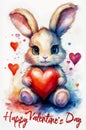 Cute little rabbit with a heart painted in watercolor