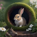 cute little rabbit in his den and looking forward