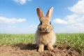 Cute Little Rabbit Hopping on Fresh Green Grass with Ample Room for Custom Text or Advertisements
