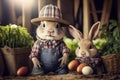 cute little rabbit peasant dressed in overalls, Generative AI