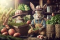 cute little rabbit peasant dressed in overalls, Generative AI