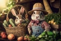 cute little rabbit peasant dressed in overalls, Generative AI