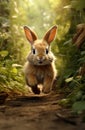 cute little rabbit running down a path in the woods, Royalty Free Stock Photo