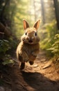 cute little rabbit running down a path in the woods, Royalty Free Stock Photo