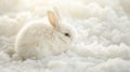 Cute little rabbit on white fur background, closeup. Easter holiday