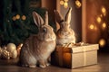 Cute little rabbits with Christmas gift box. Bunny couple. Generative AI