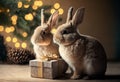 Cute little rabbits with Christmas gift box. Bunny couple. Generative AI