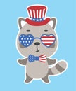 Cute little raccoon in USA patriotic hat and glasses Cartoon animal character print Royalty Free Stock Photo