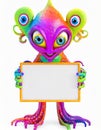 Cute little rainbow alien holding a blank sign Royalty Free Stock Photo