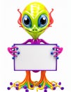 Cute little rainbow alien holding a blank sign Royalty Free Stock Photo