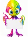 Cute little rainbow alien holding a blank sign Royalty Free Stock Photo