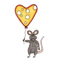 Cute little rat is holding heart shaped cheese balloon with holes